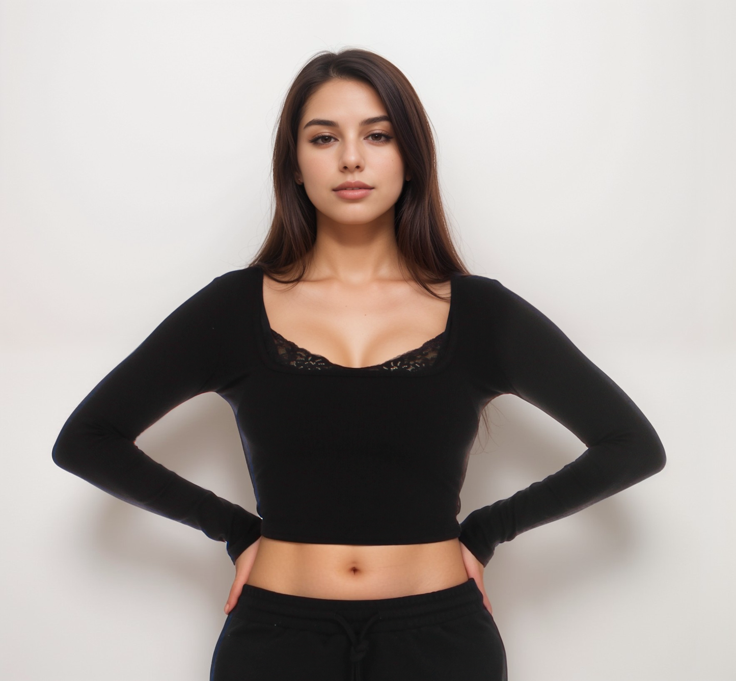 Lace Detail Neckline Long Sleeve Top