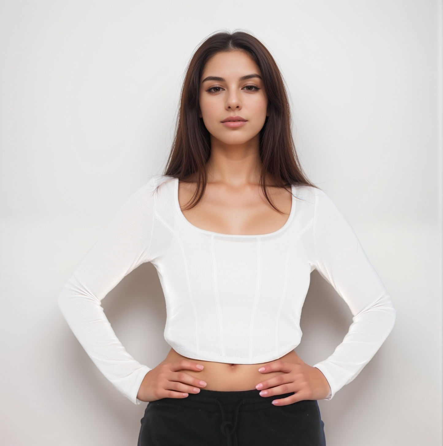 Square Neck Ribbed Corset Long Sleeve Top
