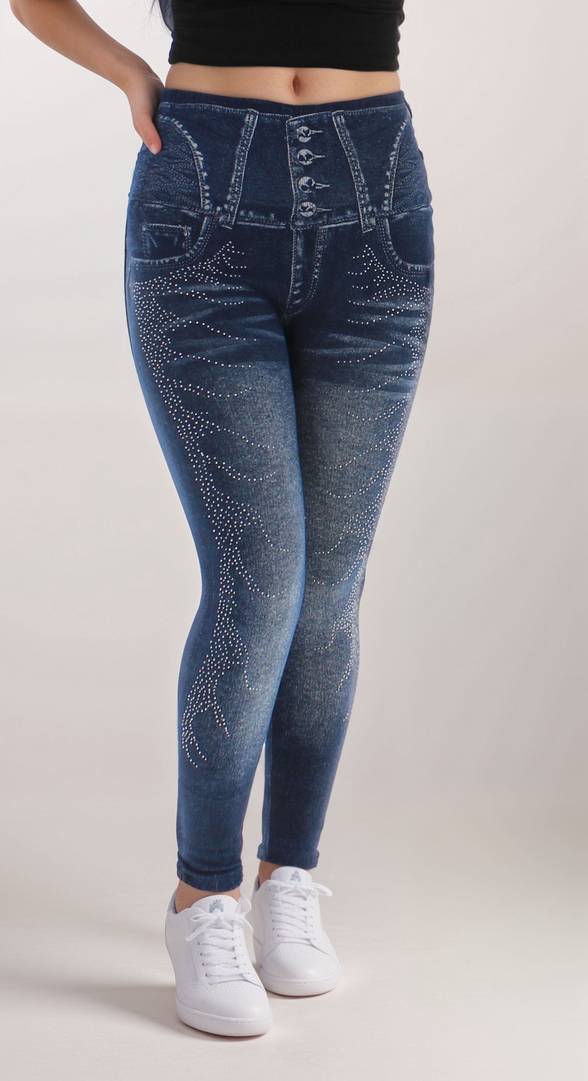 Rhinestone High Waist Fleece-Lined Denim Leggings