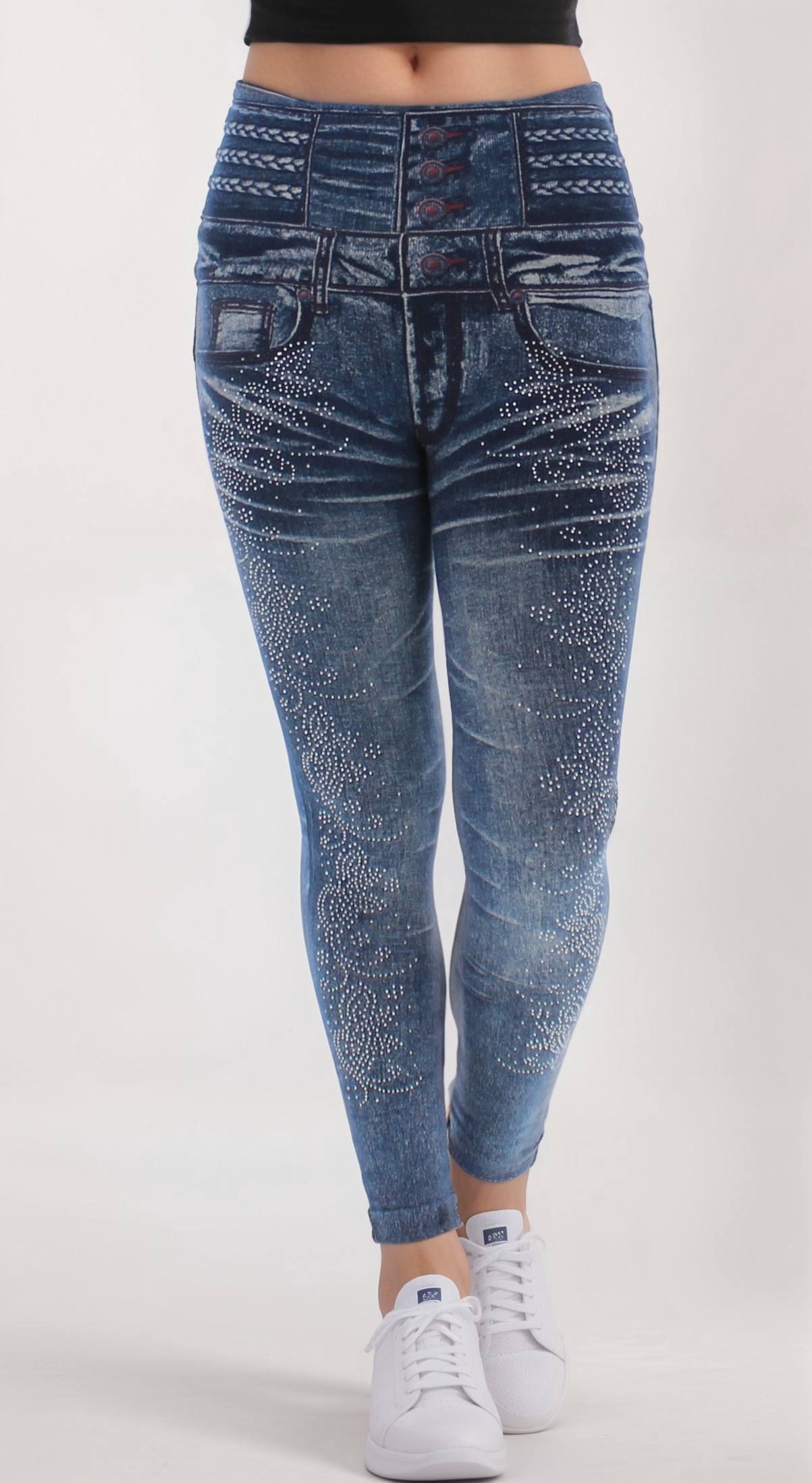 Rhinestone High Waist Fleece-Lined Denim Leggings