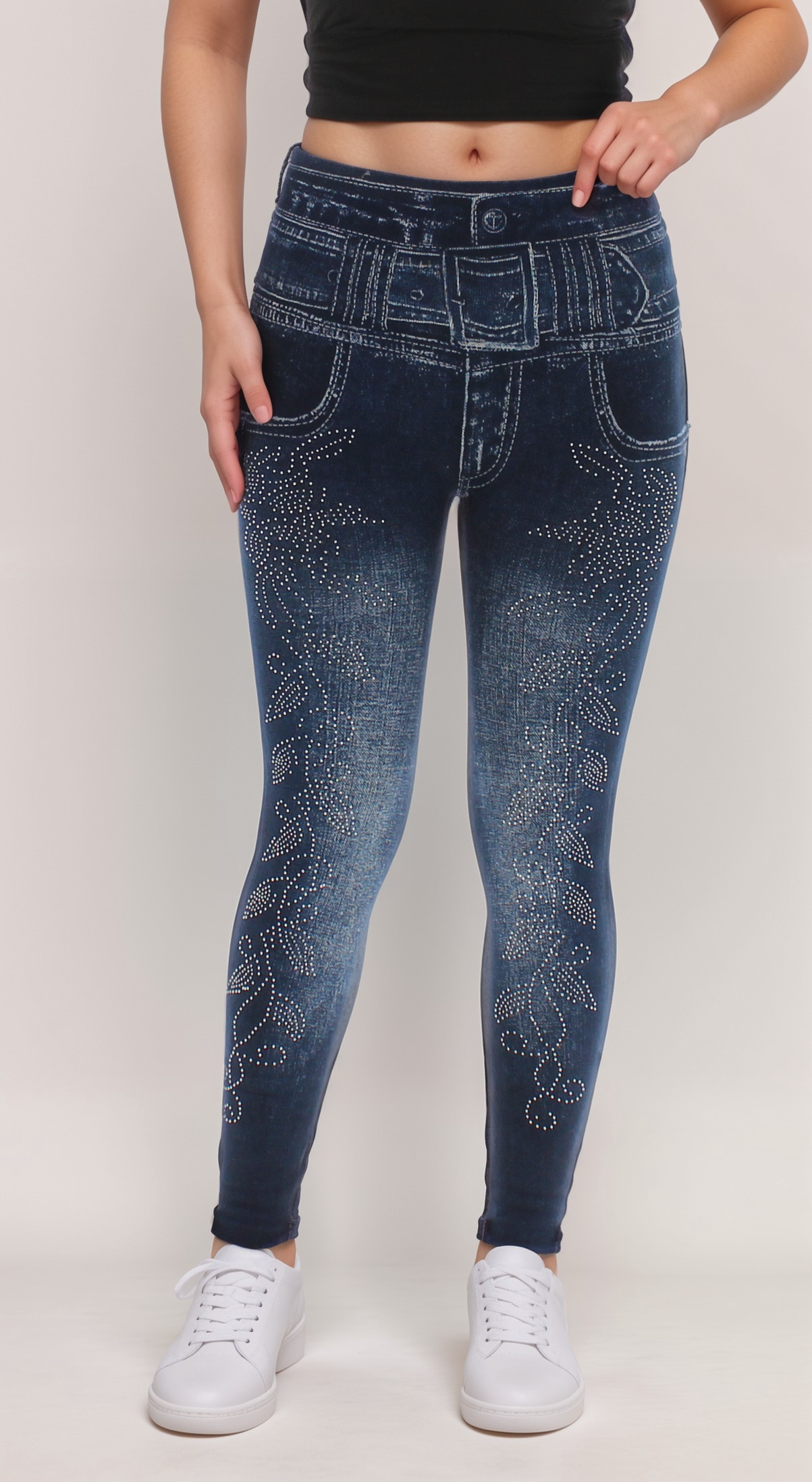 Rhinestone High Waist Fleece-Lined Denim Leggings