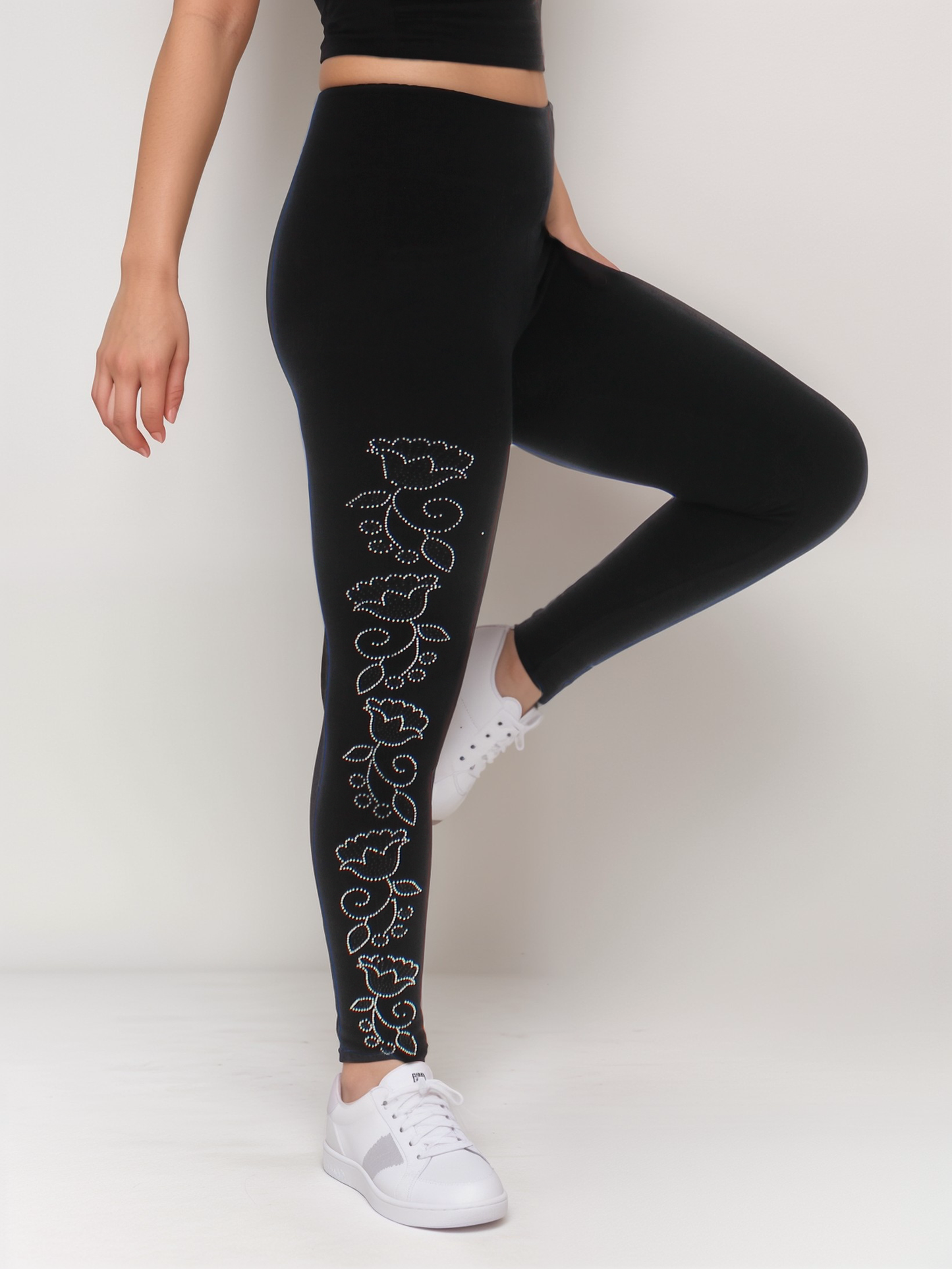 Rhinestone Detail High-Waist Fleece Leggings