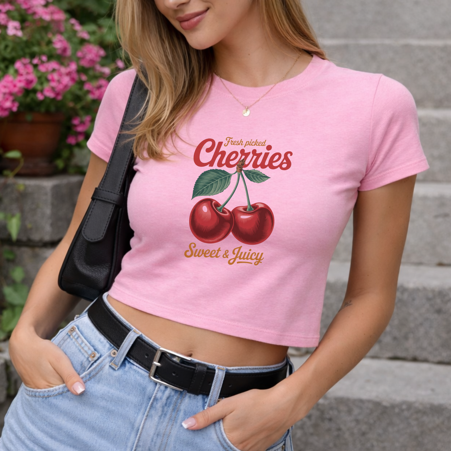 Fresh Picked Cherries - Crew Neck Short Sleeve Crop Baby Tee