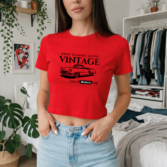 Vintage - Crew Neck Short Sleeve Crop Baby Tee