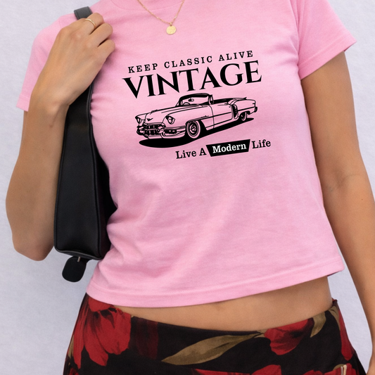 Vintage - Crew Neck Short Sleeve Crop Baby Tee