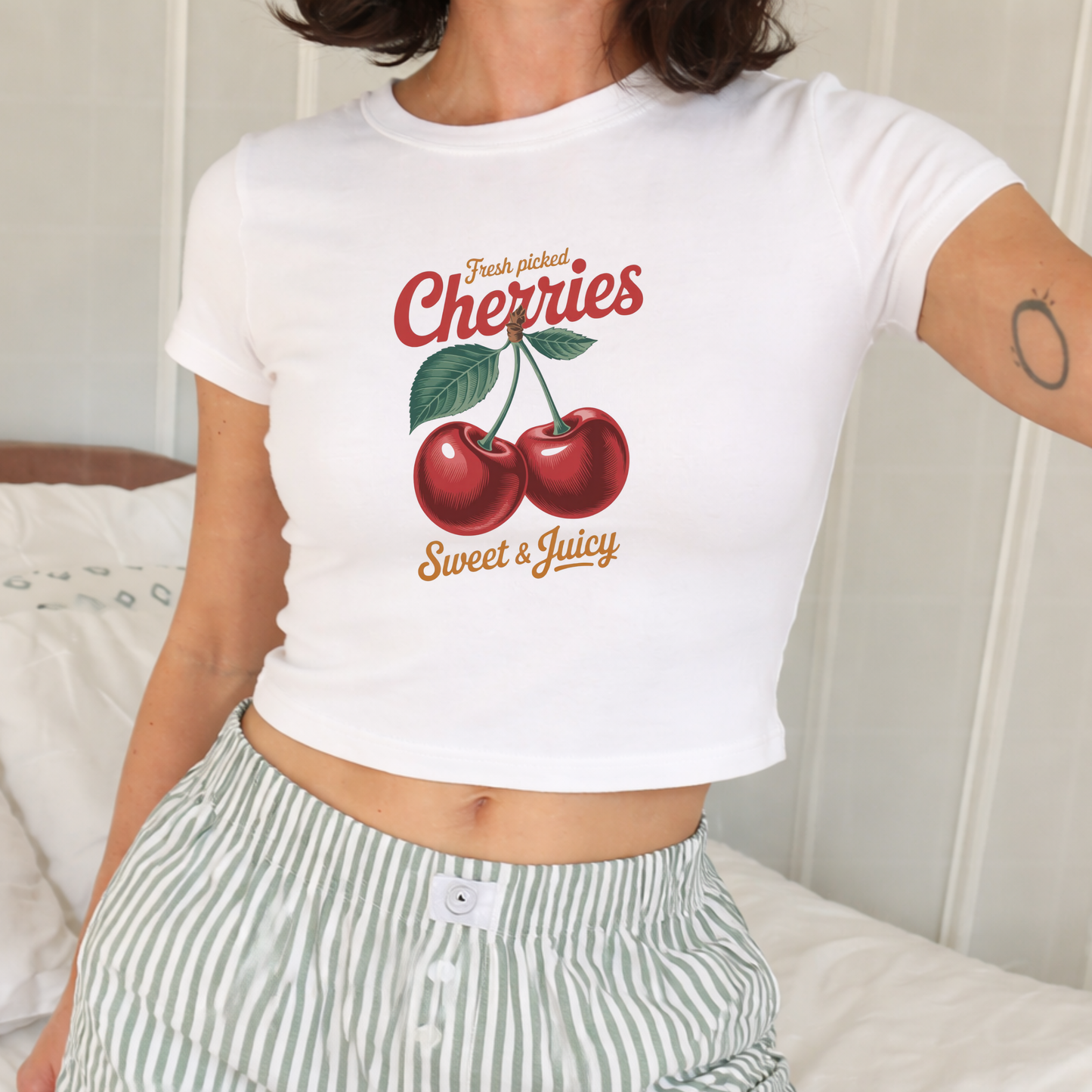 Fresh Picked Cherries - Crew Neck Short Sleeve Crop Baby Tee