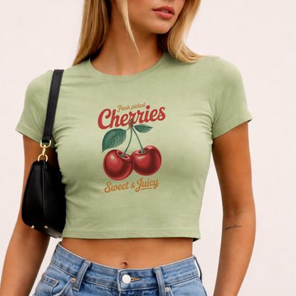 Fresh Picked Cherries - Crew Neck Short Sleeve Crop Baby Tee