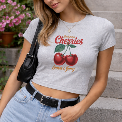 Fresh Picked Cherries - Crew Neck Short Sleeve Crop Baby Tee