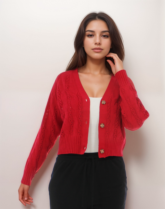 Crochet Knit Button-Up Cardigan