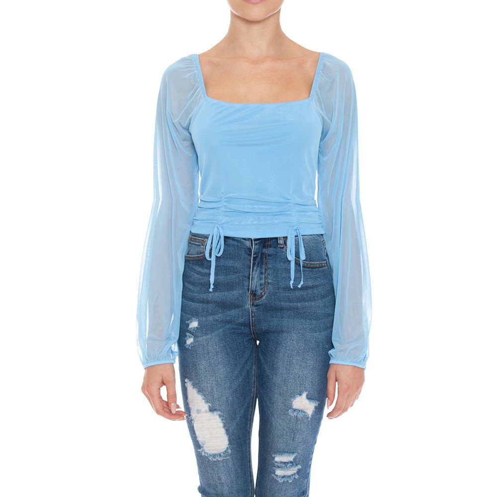 Square Neck Long Sleep Mesh Top