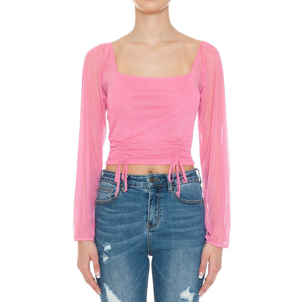 Square Neck Long Sleep Mesh Top