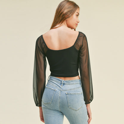 Square Neck Long Sleep Mesh Top