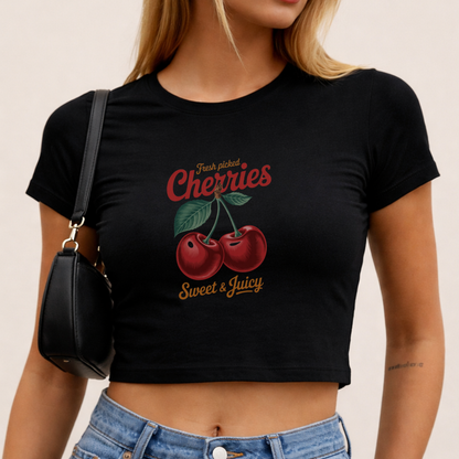 Fresh Picked Cherries - Crew Neck Short Sleeve Crop Baby Tee