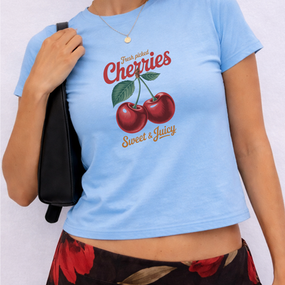 Fresh Picked Cherries - Crew Neck Short Sleeve Crop Baby Tee
