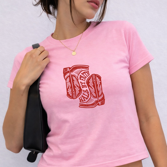 Walk by faith - Crew Neck Short Sleeve Crop Baby Tee