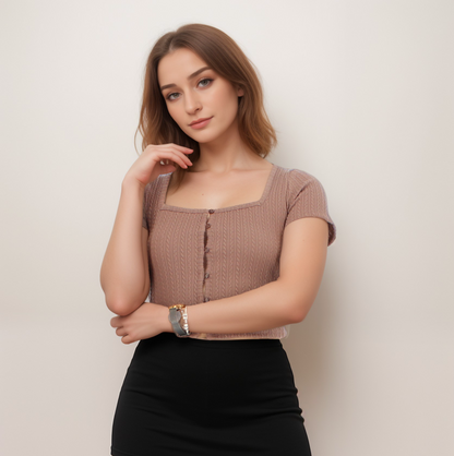 Square Neck Button-up Knit Top