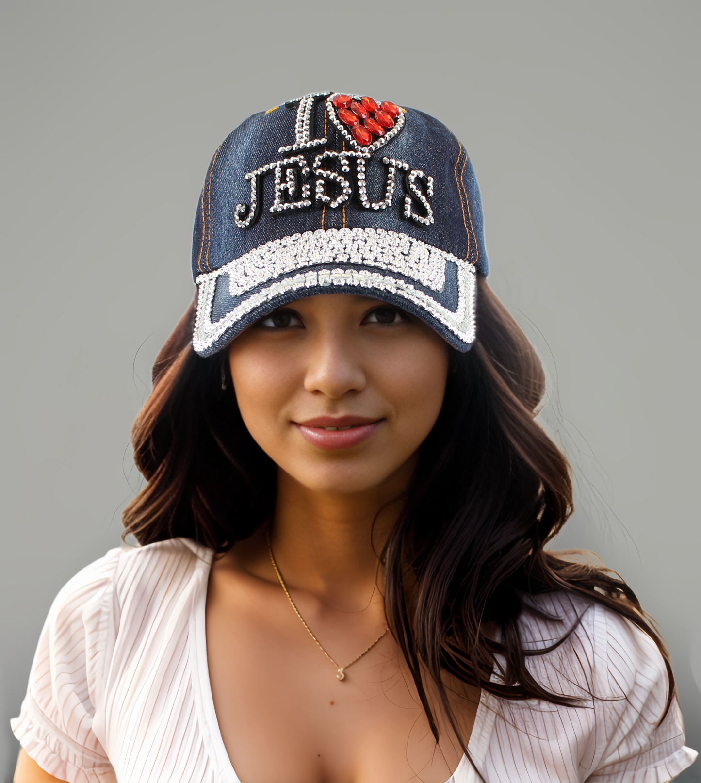 I Love Jesus Rhinestone Snap Cap