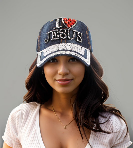 I Love Jesus Rhinestone Snap Cap