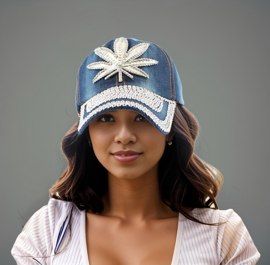 Leaf Denim Rhinestone Snap Cap